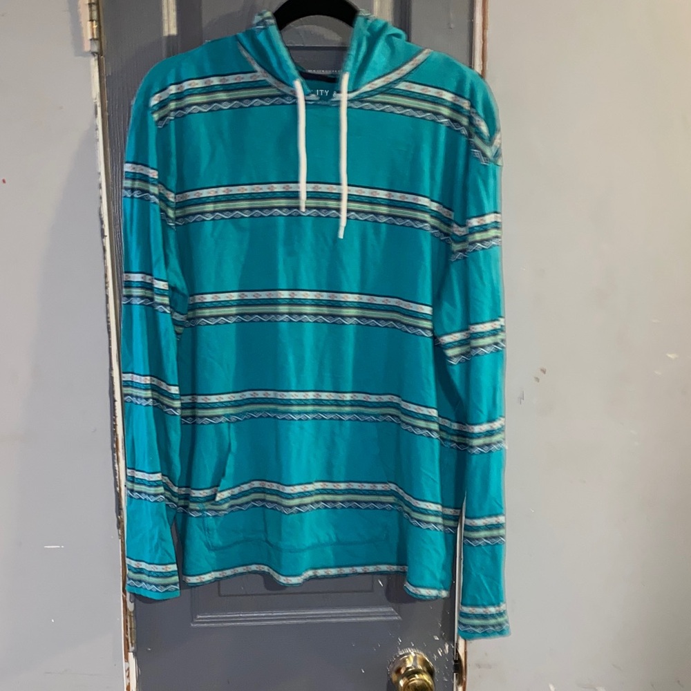 Men's Teal Striped Hooded Pullover Shirt